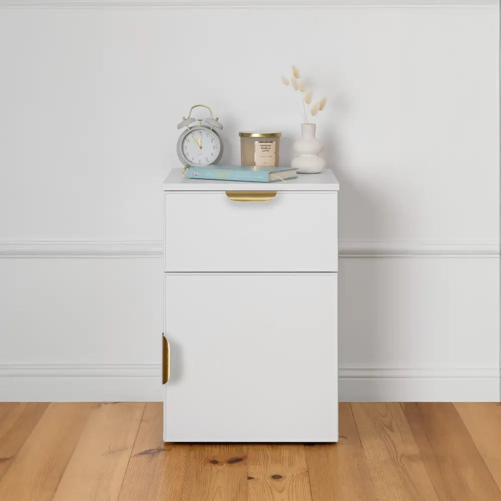 Porto Bedside Table - White - Slim - Pull Brass