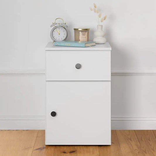 Porto Bedside Table - White - Slim - Round Black