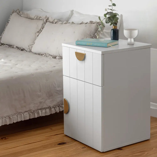 Porto Bedside Table - White - Vj Panel - Half Moon Brass