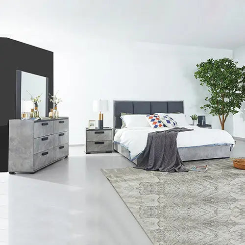 Queen 4 Pcs Bedroom Suite with Dresser Fabric Upholstery Mdf Combination of Black & Cement Colour