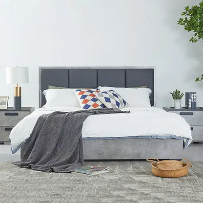 Queen 4 Pcs Bedroom Suite with Dresser Fabric Upholstery Mdf Combination of Black & Cement Colour