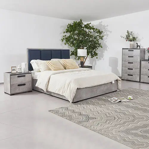 Queen 4 Pcs Bedroom Suite with Tallboy Fabric Upholstery Mdf Combination of Black & Cement Colour