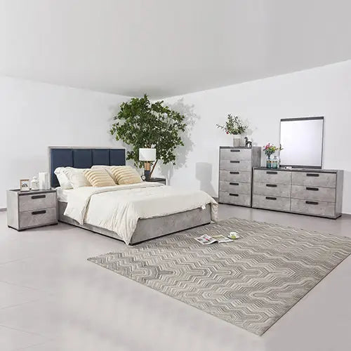 Queen 5 Pcs Bedroom Suite Fabric Upholstery Mdf Combination of Black & Cement Colour