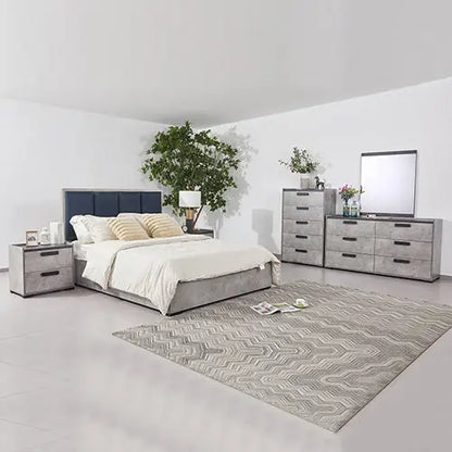 Queen 5 Pcs Bedroom Suite Fabric Upholstery Mdf Combination of Black & Cement Colour