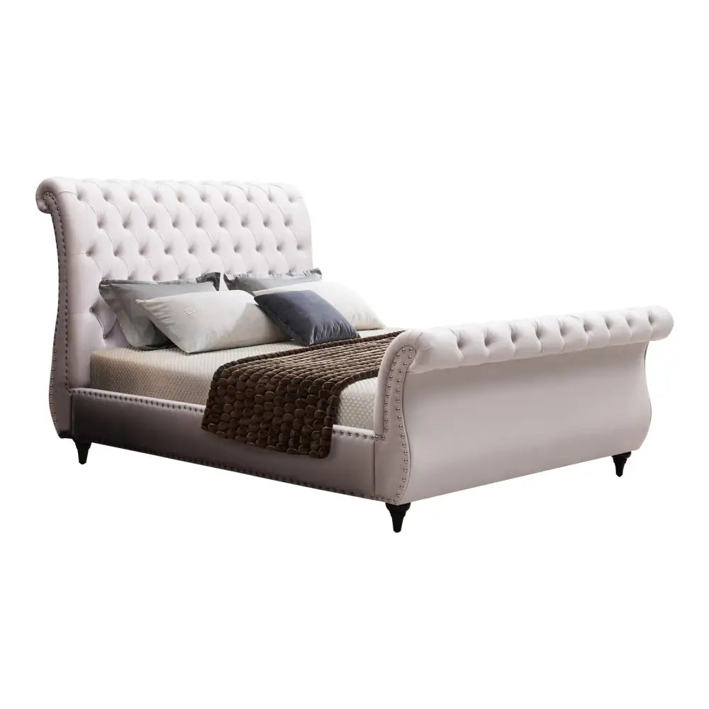 Queen Size Sleigh Bedframe Velvet Upholstery Beige Colour Tufted Headboard and Footboard Deep Quilting