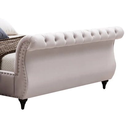 Queen Size Sleigh Bedframe Velvet Upholstery Beige Colour Tufted Headboard and Footboard Deep Quilting