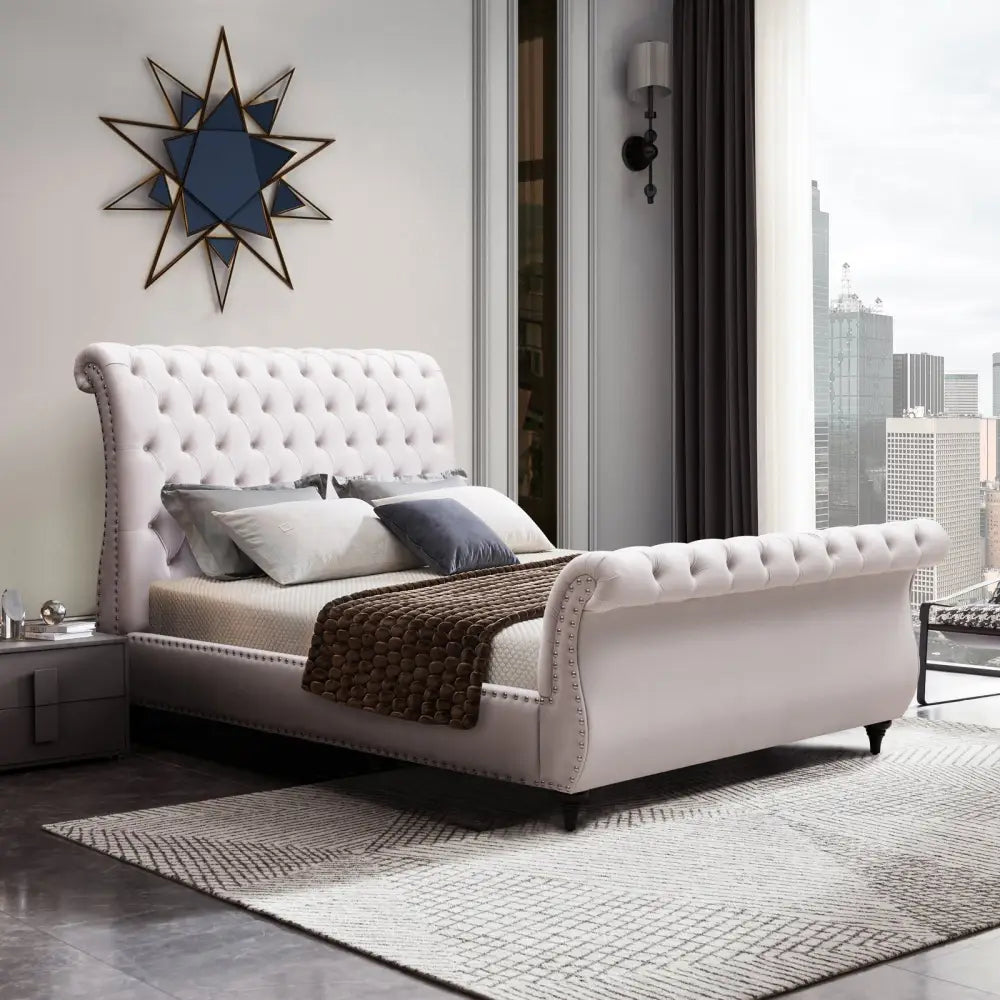 Queen Size Sleigh Bedframe Velvet Upholstery Beige Colour Tufted Headboard and Footboard Deep Quilting