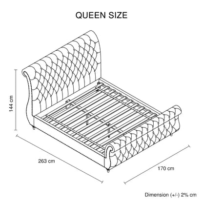 Queen Size Sleigh Bedframe Velvet Upholstery Beige Colour Tufted Headboard and Footboard Deep Quilting