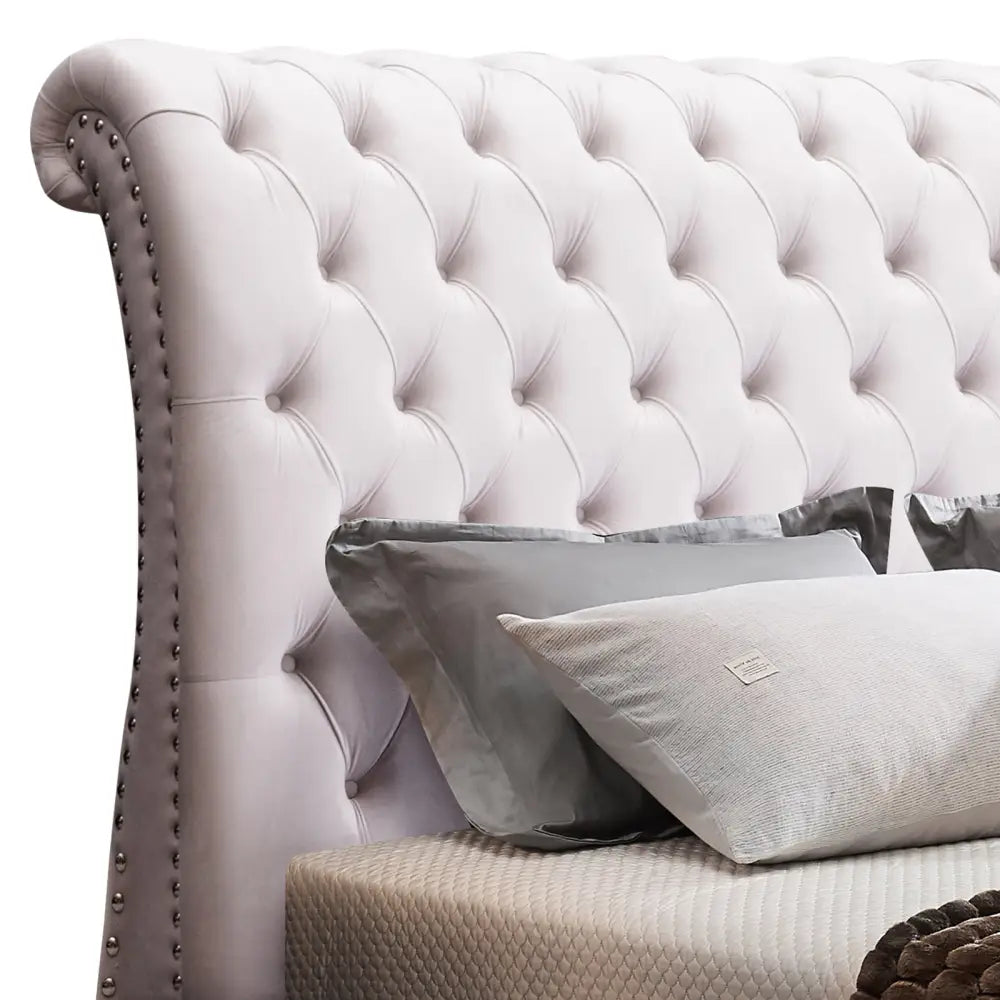 Queen Size Sleigh Bedframe Velvet Upholstery Beige Colour Tufted Headboard and Footboard Deep Quilting