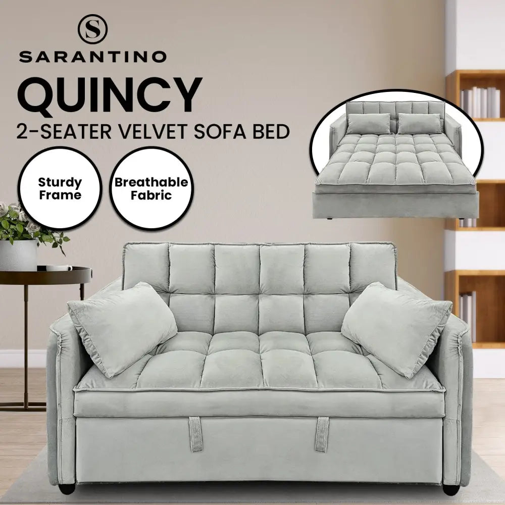 Quincy 2-seater Velvet Sofa Bed in Dark Grey with Wooden Frame and Tufted Design - Light