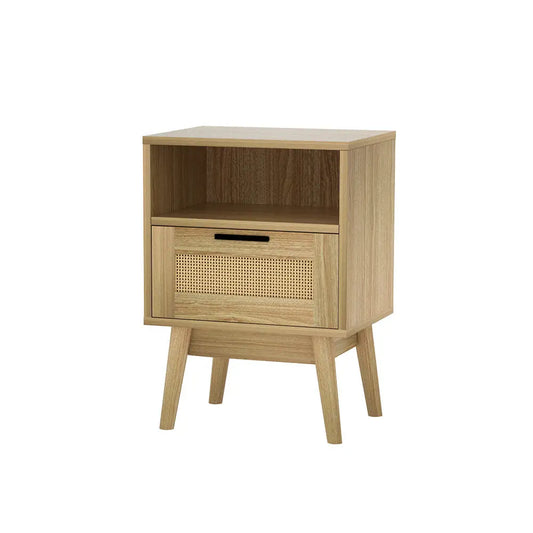 Rattan Bedside Table 1 Drawer with Shelf - Rei Oak