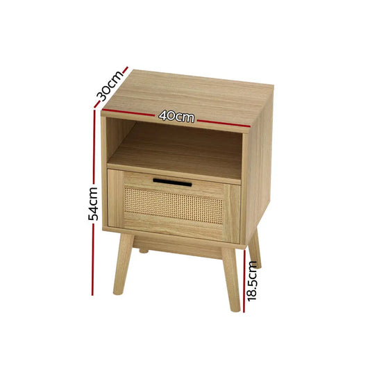 Rattan Bedside Table 1 Drawer with Shelf - Rei Oak