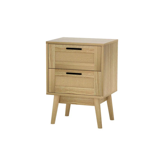 Rattan Bedside Table 2 Drawers Wood - Rie Oak