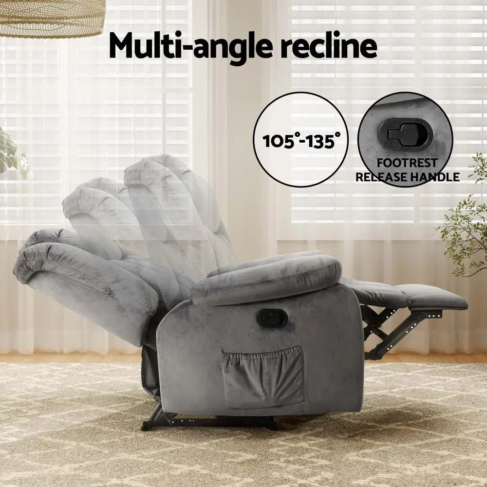 Recliner Chair Electric Massage Velvet Lounge Sofa Heated Grey