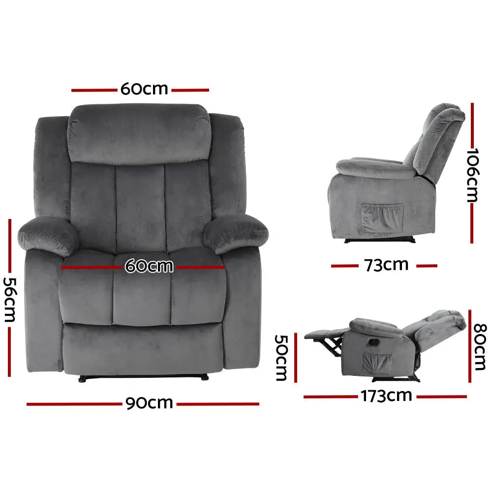 Recliner Chair Electric Massage Velvet Lounge Sofa Heated Grey