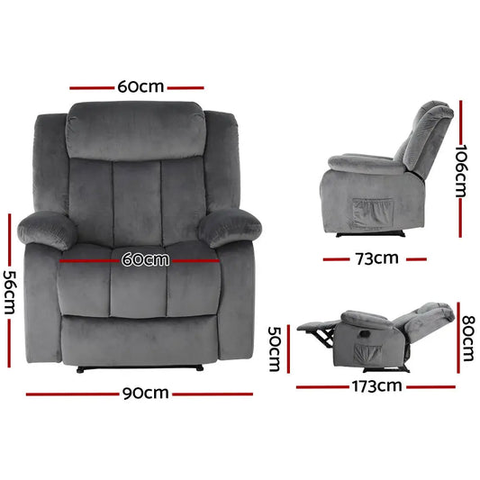 Recliner Chair Electric Massage Velvet Lounge Sofa Heated Grey