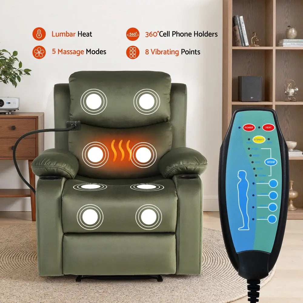 Recliner Chair Heated Massage with Phone Holder Velvet