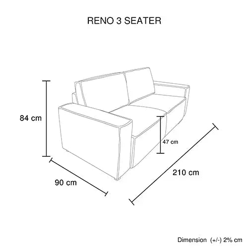 Reno 3 Seater Sofa Beige Colour Fabric Upholstery Wooden Structure Knock Down Feature in Back & Arms