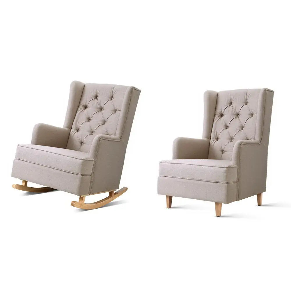 Rocking Chair Armchair Linen Fabric Beige Gaia