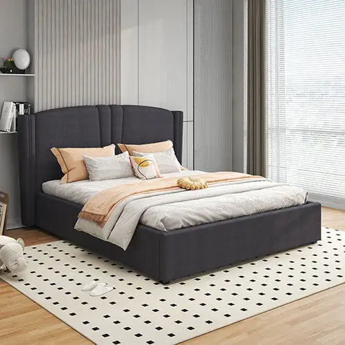 Roman Bed Frame Double Size Black Velvet Fabric with Gas Lift Plywood Metal Structure