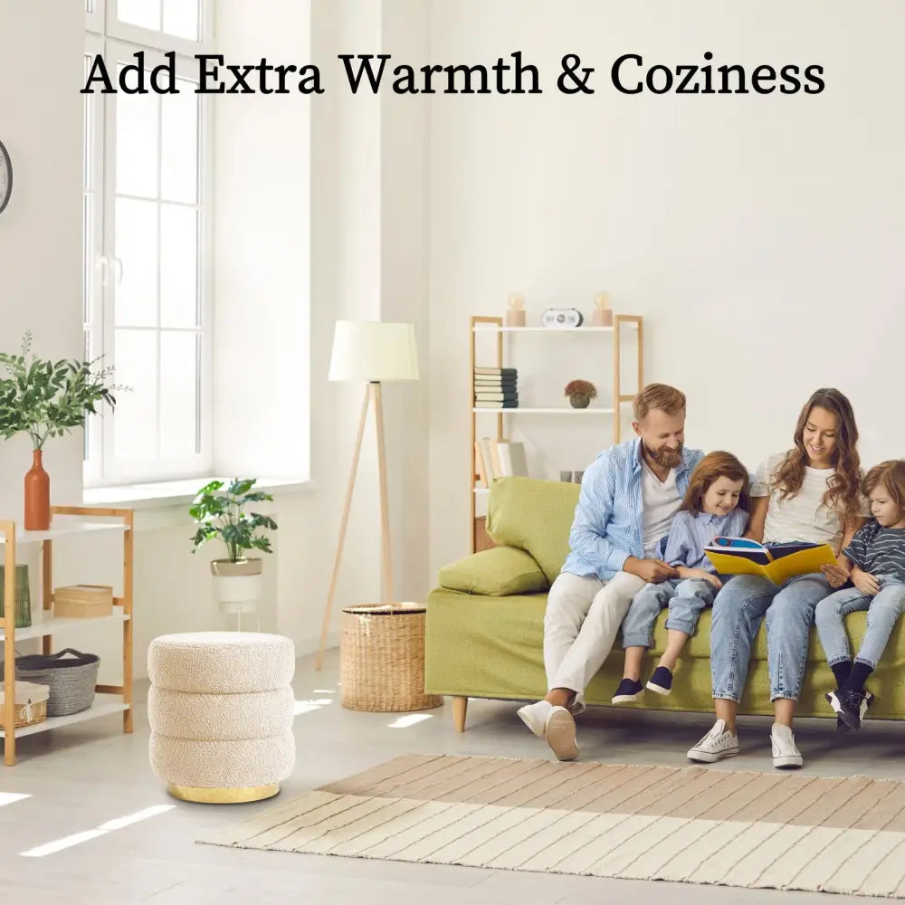 Round Stacked Ottoman Stool Teddy Fleece Fabric Foot Rest 38cm Beige