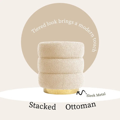 Round Stacked Ottoman Stool Teddy Fleece Fabric Foot Rest 38cm Beige