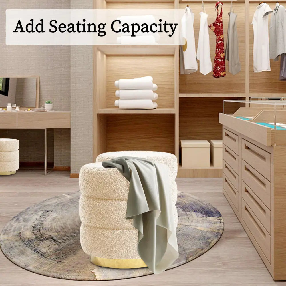 Round Stacked Ottoman Stool Teddy Fleece Fabric Foot Rest 38cm Beige