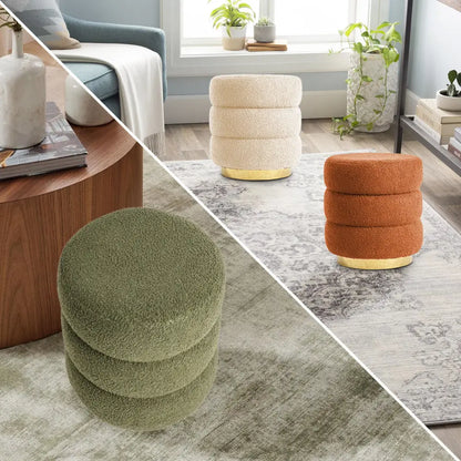 Round Stacked Ottoman Stool Teddy Fleece Fabric Foot Rest 38cm Beige