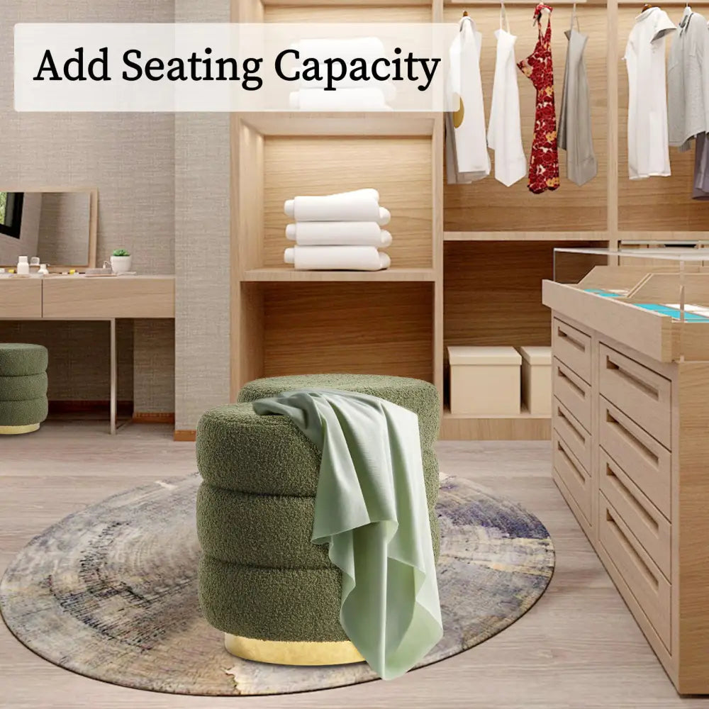 Round Stacked Ottoman Stool Teddy Fleece Fabric Foot Rest 38cm Green