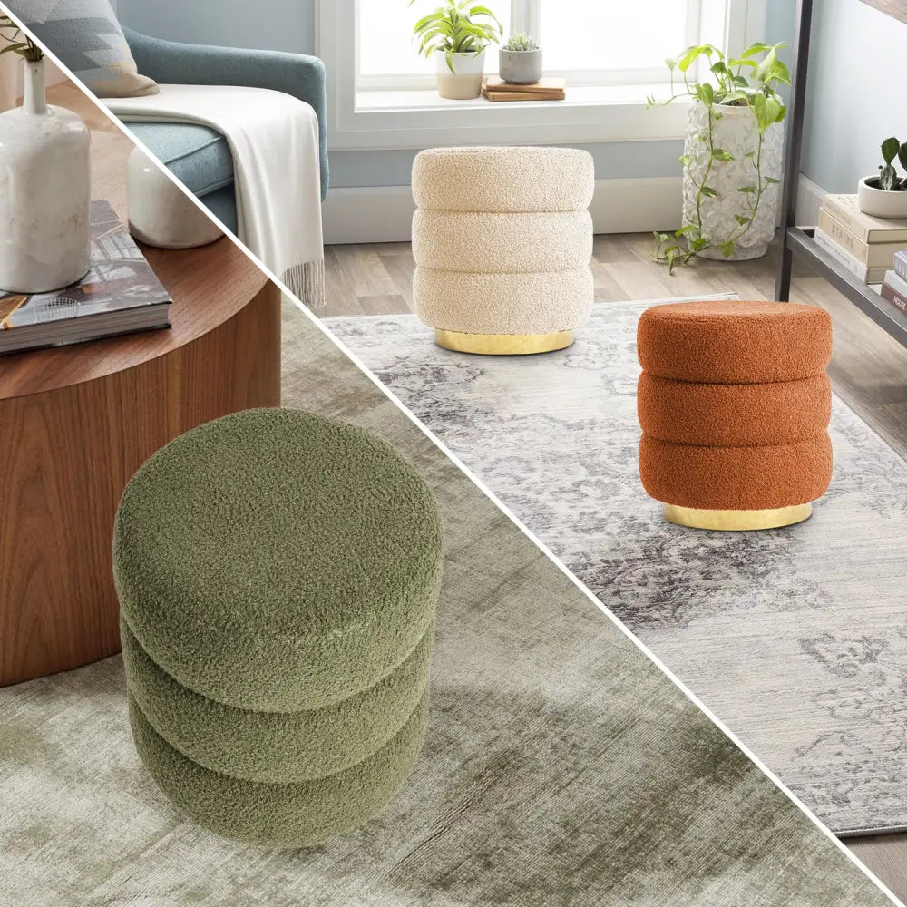 Round Stacked Ottoman Stool Teddy Fleece Fabric Foot Rest 38cm Green