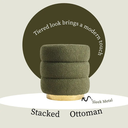 Round Stacked Ottoman Stool Teddy Fleece Fabric Foot Rest 38cm Green