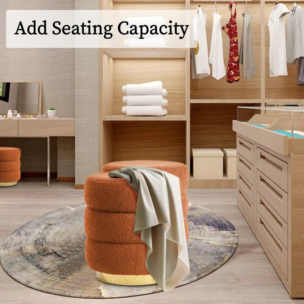 Round Stacked Ottoman Stool Teddy Fleece Fabric Foot Rest 38cm Orange