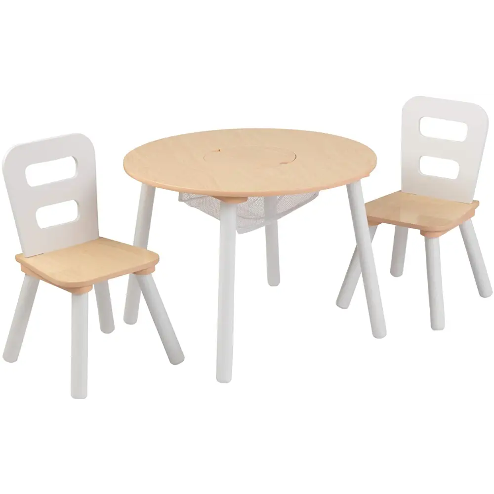 Round Table and 2 Chair Set for Children (white Natural)