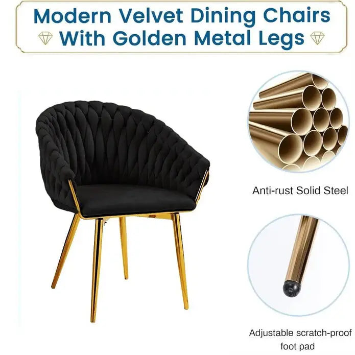 Serenità Black Modern Velvet Dining Chairs Upholstered Living Room Chair with Woven Back and Golden Metal Legs