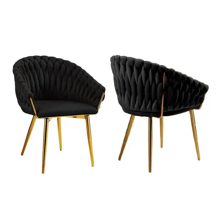 Serenità Black Modern Velvet Dining Chairs Upholstered Living Room Chair with Woven Back and Golden Metal Legs
