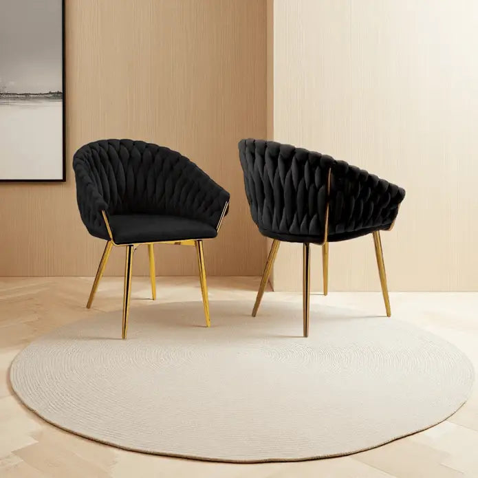 Serenità Black Modern Velvet Dining Chairs Upholstered Living Room Chair with Woven Back and Golden Metal Legs