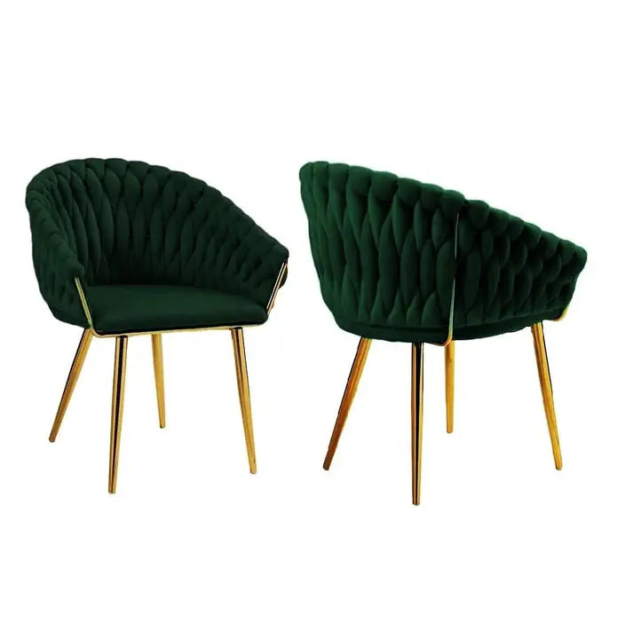 Serenità Emerald Green Modern Velvet Dining Chairs Upholstered Living Room Chair with Woven Back and Golden Metal Legs