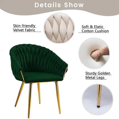Serenità Emerald Green Modern Velvet Dining Chairs Upholstered Living Room Chair with Woven Back and Golden Metal Legs
