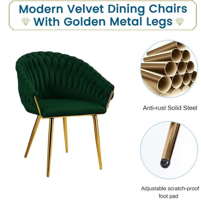 Serenità Emerald Green Modern Velvet Dining Chairs Upholstered Living Room Chair with Woven Back and Golden Metal Legs