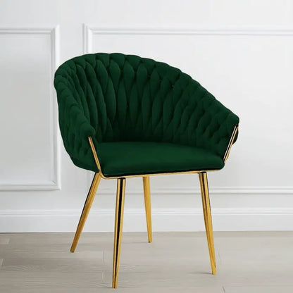 Serenità Emerald Green Modern Velvet Dining Chairs Upholstered Living Room Chair with Woven Back and Golden Metal Legs