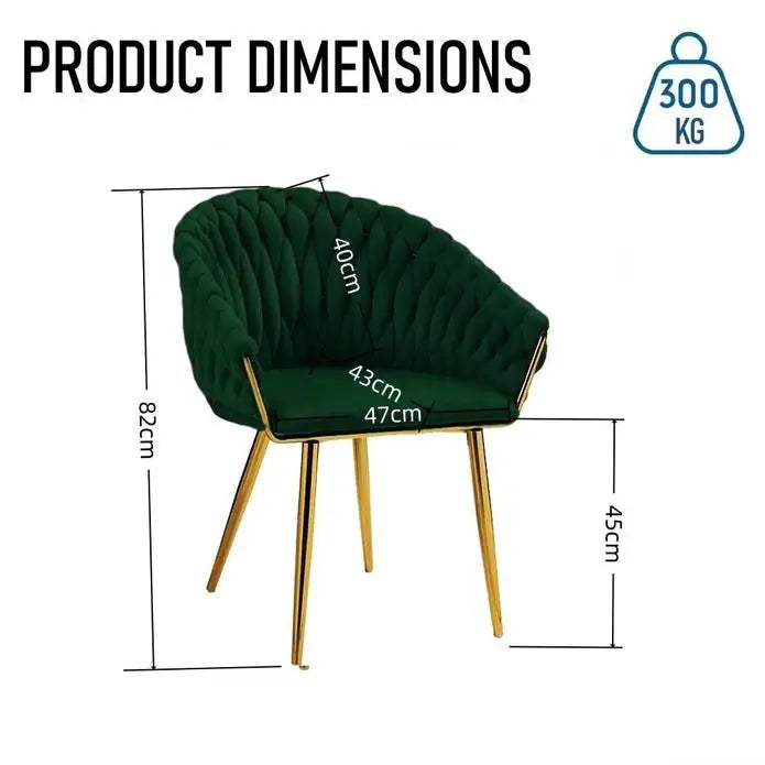 Serenità Emerald Green Modern Velvet Dining Chairs Upholstered Living Room Chair with Woven Back and Golden Metal Legs