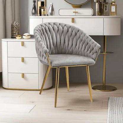 Serenità Grey Modern Velvet Dining Chairs Upholstered Living Room Chair with Woven Back and Golden Metal Legs