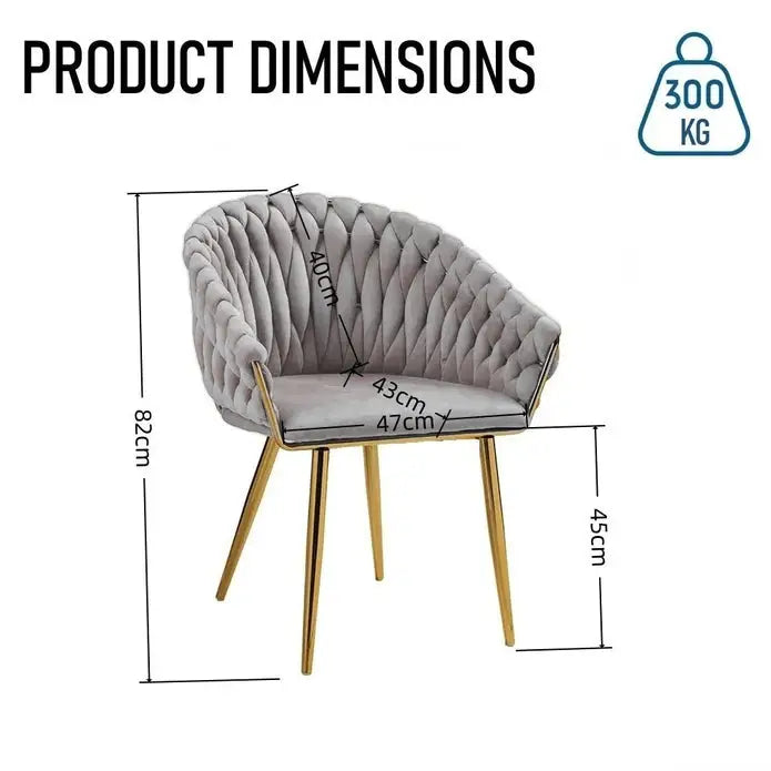 Serenità Grey Modern Velvet Dining Chairs Upholstered Living Room Chair with Woven Back and Golden Metal Legs