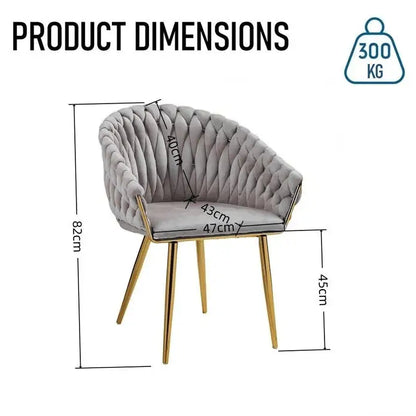 Serenità Grey Modern Velvet Dining Chairs Upholstered Living Room Chair with Woven Back and Golden Metal Legs