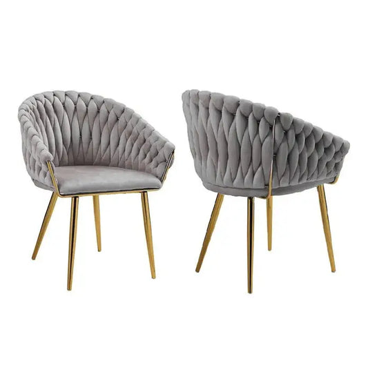 Serenità Grey Modern Velvet Dining Chairs Upholstered Living Room Chair with Woven Back and Golden Metal Legs