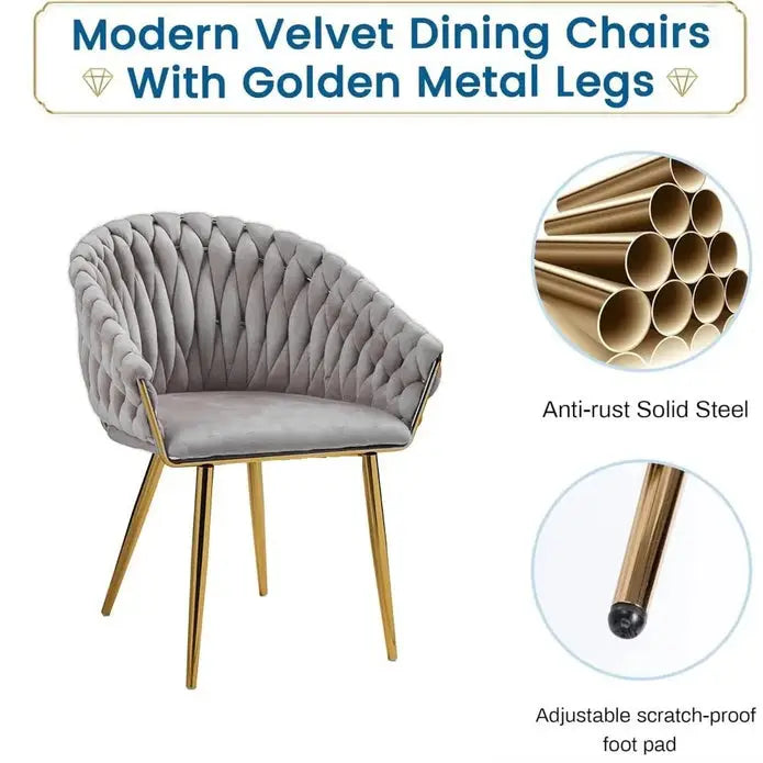 Serenità Grey Modern Velvet Dining Chairs Upholstered Living Room Chair with Woven Back and Golden Metal Legs