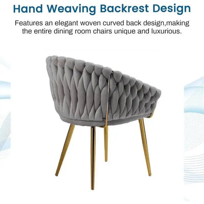 Serenità Grey Modern Velvet Dining Chairs Upholstered Living Room Chair with Woven Back and Golden Metal Legs