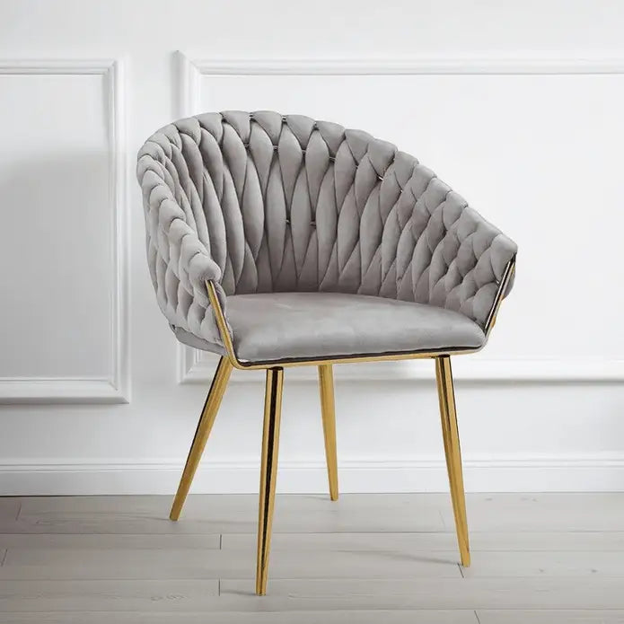 Serenità Grey Modern Velvet Dining Chairs Upholstered Living Room Chair with Woven Back and Golden Metal Legs