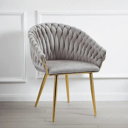 Serenità Grey Modern Velvet Dining Chairs Upholstered Living Room Chair with Woven Back and Golden Metal Legs