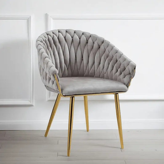 Serenità Grey Modern Velvet Dining Chairs Upholstered Living Room Chair with Woven Back and Golden Metal Legs